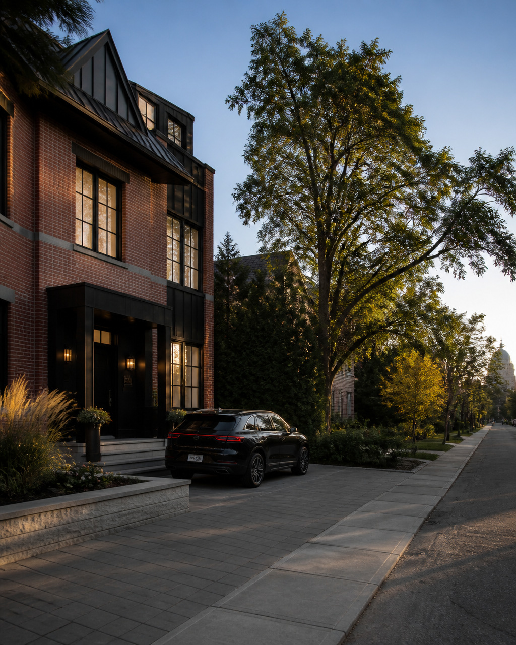 Maison et voiture dans une rue résidentielle de Montréal assurées par Apexi Assurances